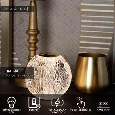 Lucide CINTRA - Oplaadbare Tafellamp - Accu/Batterij - Ø 9 cm - LED 3 StepDim - 1x1,5W 2700K - Transparant